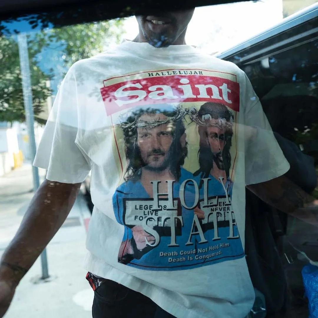 Summer High Quality SAINT MICHAEL Men``s and Women``s T-shirt Trend Pure Cotton Vintage Print Vintage Couple Short S